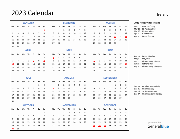 2023 Calendar with Holidays for Ireland