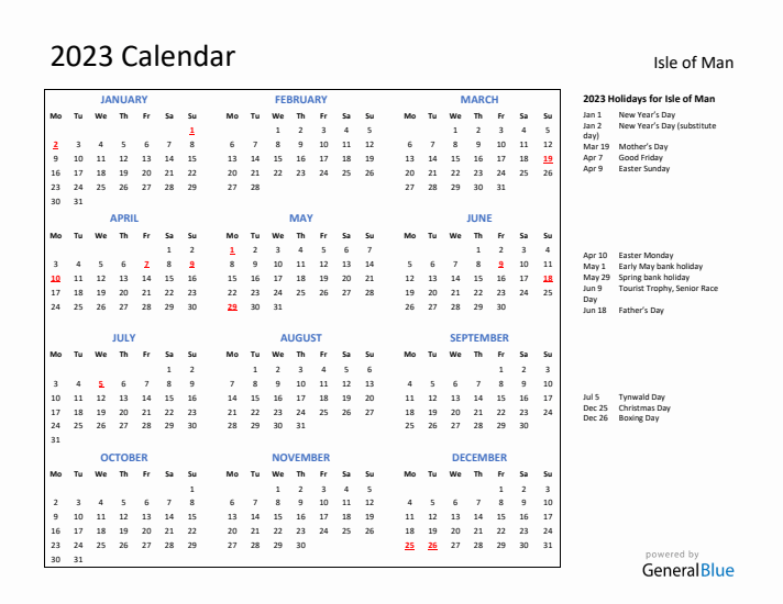 2023 Calendar with Holidays for Isle of Man
