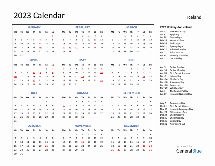 2023 Calendar with Holidays for Iceland