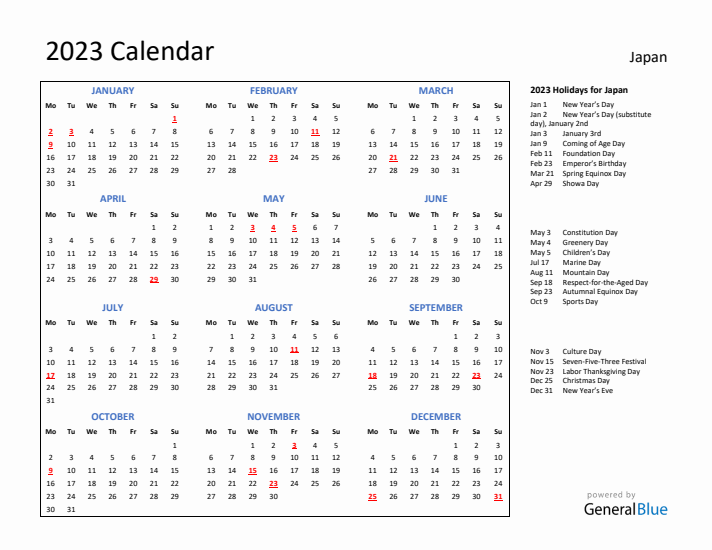2023 Calendar with Holidays for Japan