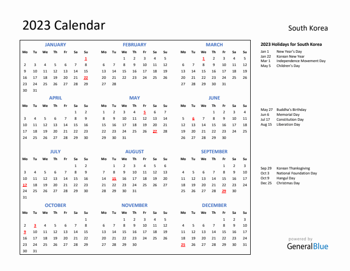 2023 Calendar with Holidays for South Korea