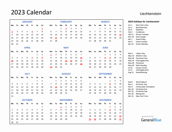2023 Calendar with Holidays for Liechtenstein