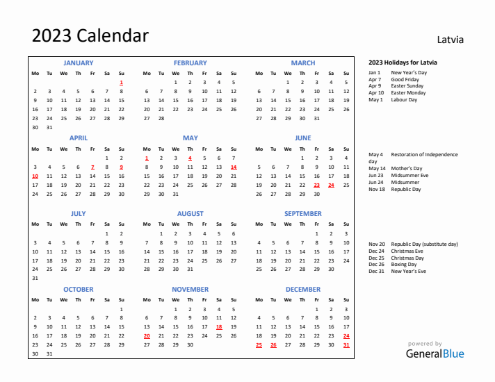 2023 Calendar with Holidays for Latvia
