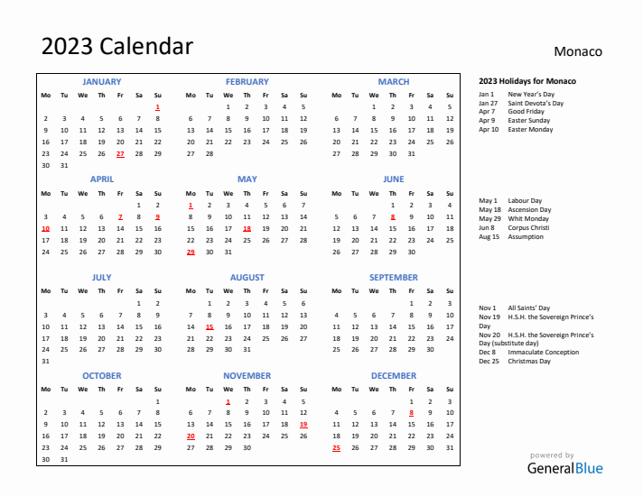 2023 Calendar with Holidays for Monaco