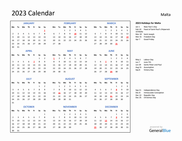 2023 Calendar with Holidays for Malta