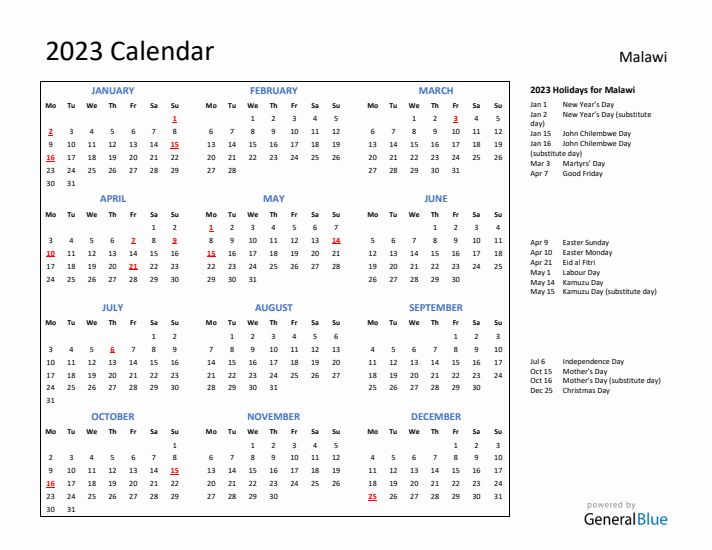 2023 Calendar with Holidays for Malawi