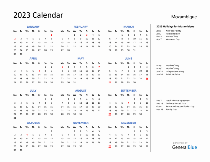 2023 Calendar with Holidays for Mozambique