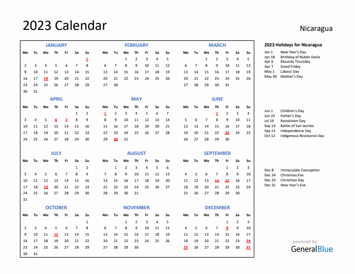2023 Calendar with Holidays for Nicaragua