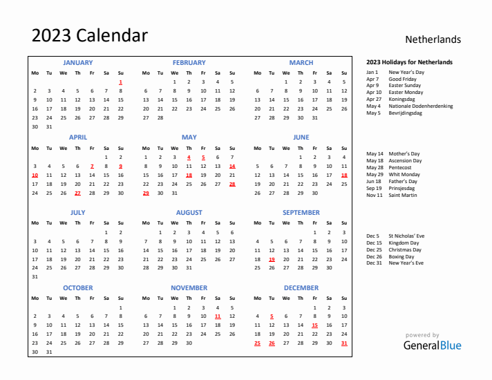 2023 Calendar with Holidays for The Netherlands