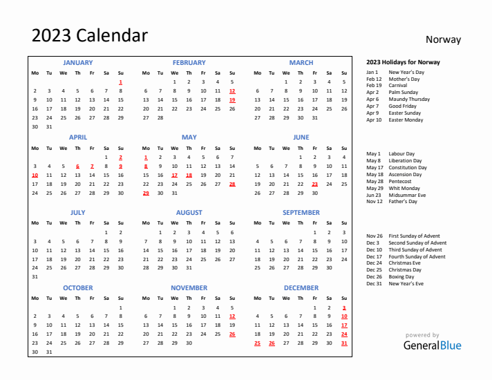 2023 Calendar with Holidays for Norway
