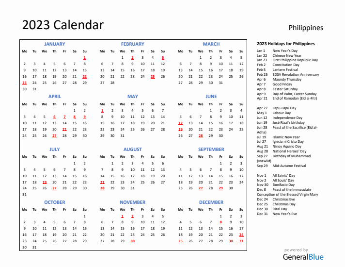 2023 Calendar with Holidays for Philippines
