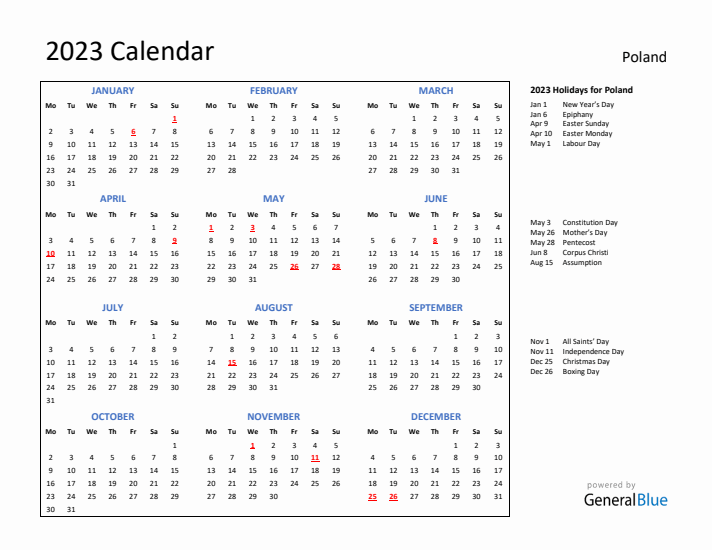 2023 Calendar with Holidays for Poland