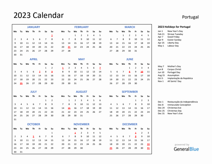 2023 Calendar with Holidays for Portugal