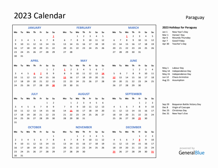 2023 Calendar with Holidays for Paraguay