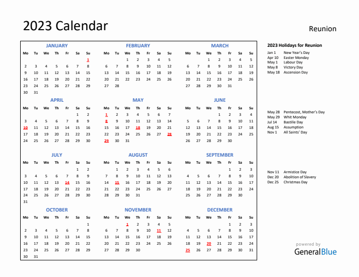 2023 Calendar with Holidays for Reunion