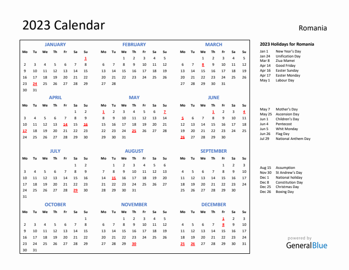 2023 Calendar with Holidays for Romania