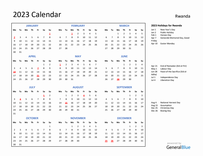 2023 Calendar with Holidays for Rwanda