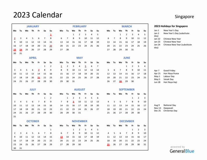 2023 Calendar with Holidays for Singapore
