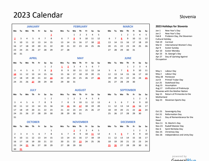 2023 Calendar with Holidays for Slovenia