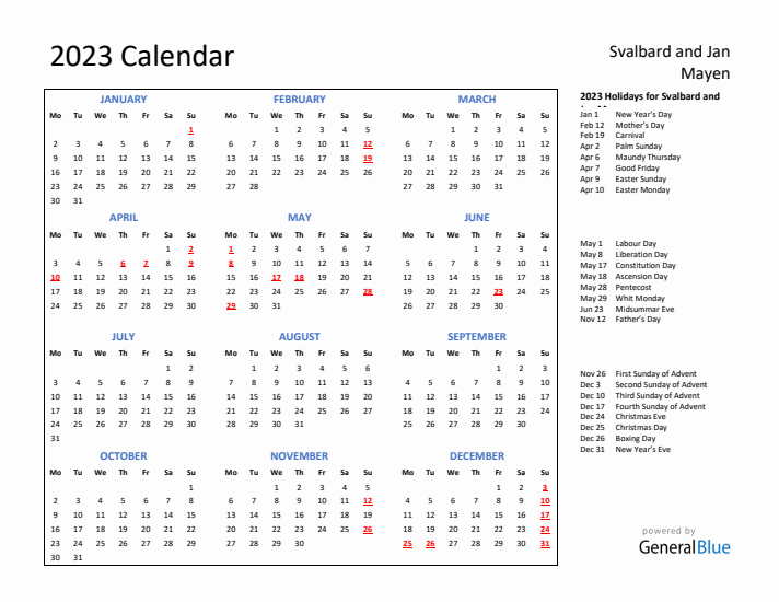 2023 Calendar with Holidays for Svalbard and Jan Mayen