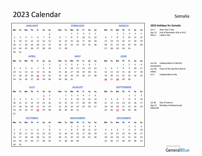 2023 Calendar with Holidays for Somalia