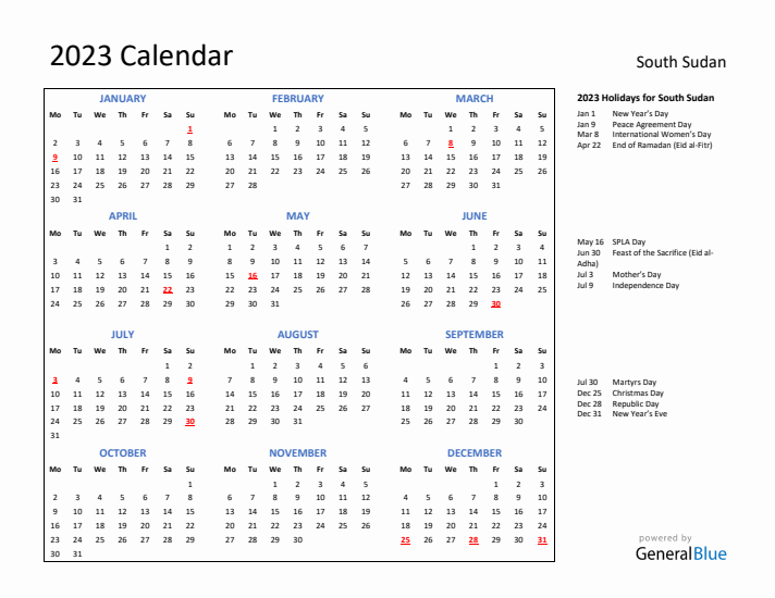 2023 Calendar with Holidays for South Sudan