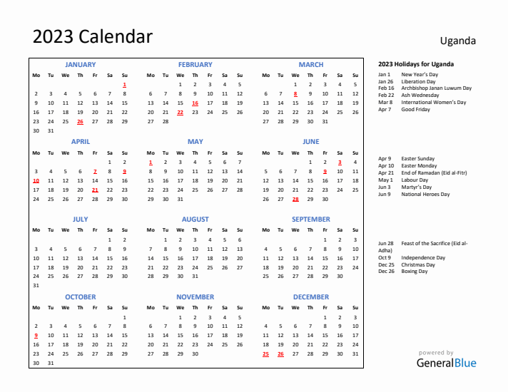 2023 Calendar with Holidays for Uganda