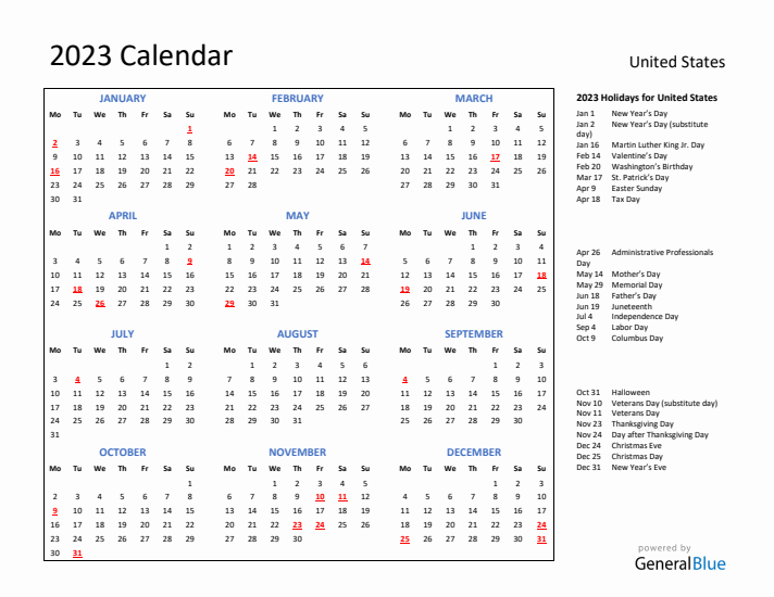 2023 Calendar with Holidays for United States