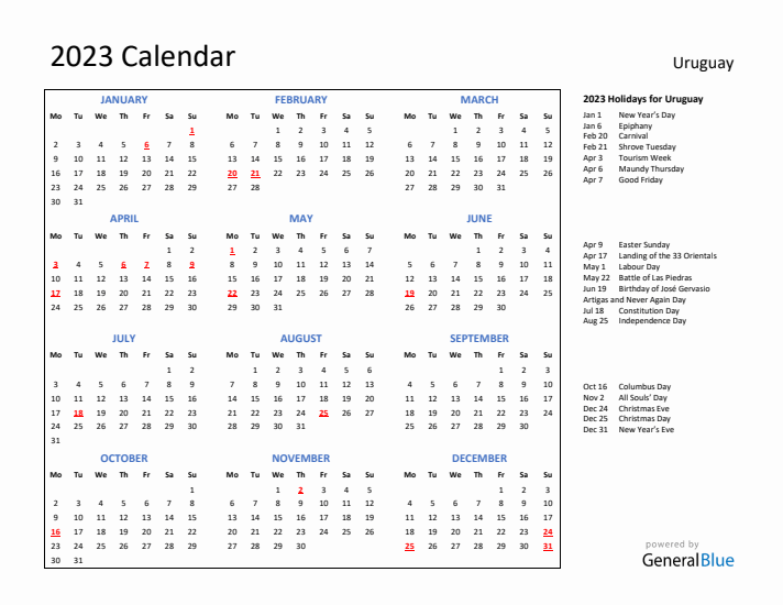 2023 Calendar with Holidays for Uruguay