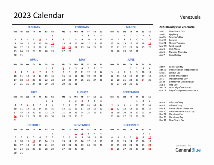 2023 Calendar with Holidays for Venezuela