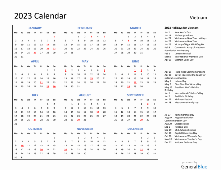 2023 Calendar with Holidays for Vietnam