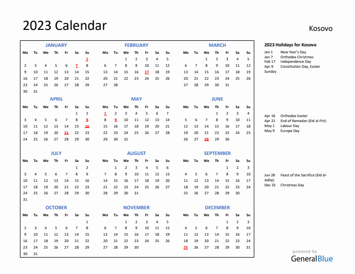 2023 Calendar with Holidays for Kosovo