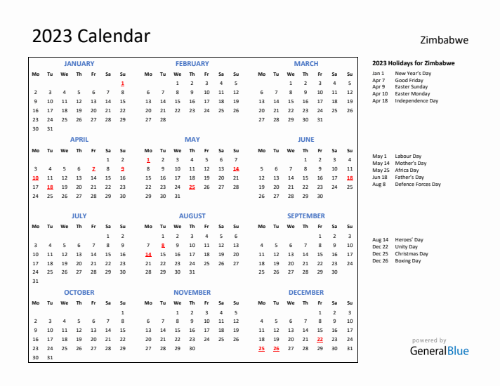 2023 Calendar with Holidays for Zimbabwe