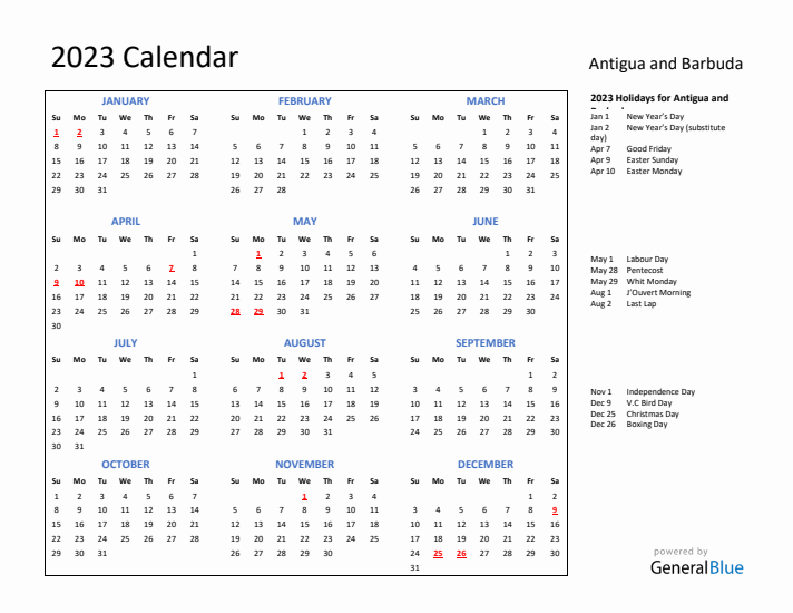 2023 Calendar with Holidays for Antigua and Barbuda