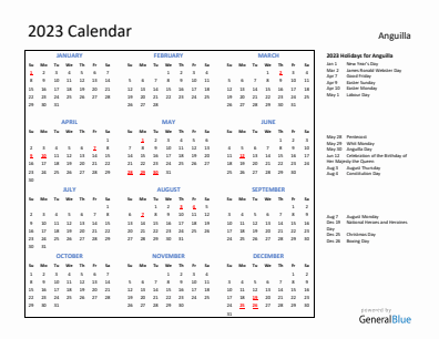Anguilla current year calendar 2023 with holidays