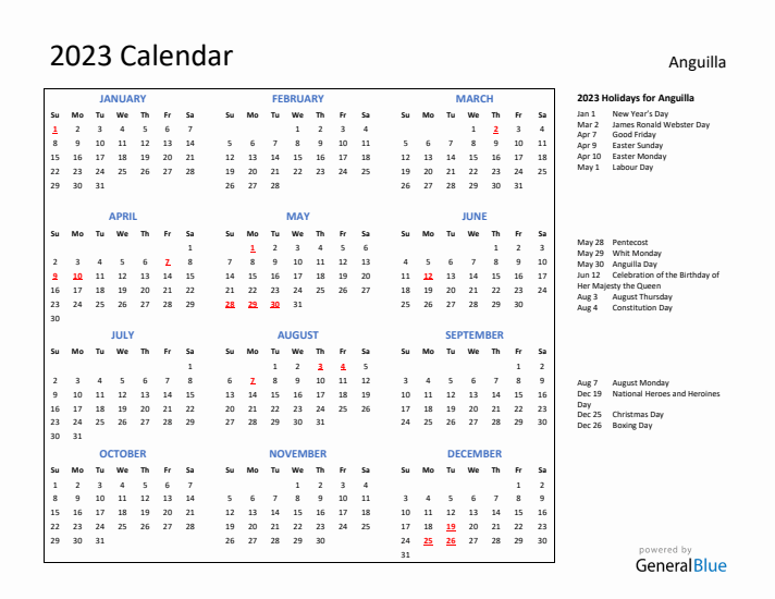 2023 Calendar with Holidays for Anguilla
