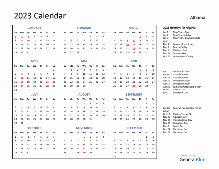 2023 Calendar with Holidays for Albania