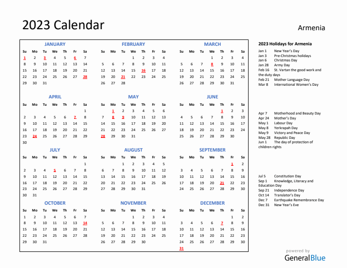 2023 Calendar with Holidays for Armenia
