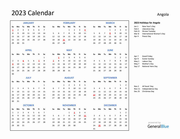 2023 Calendar with Holidays for Angola