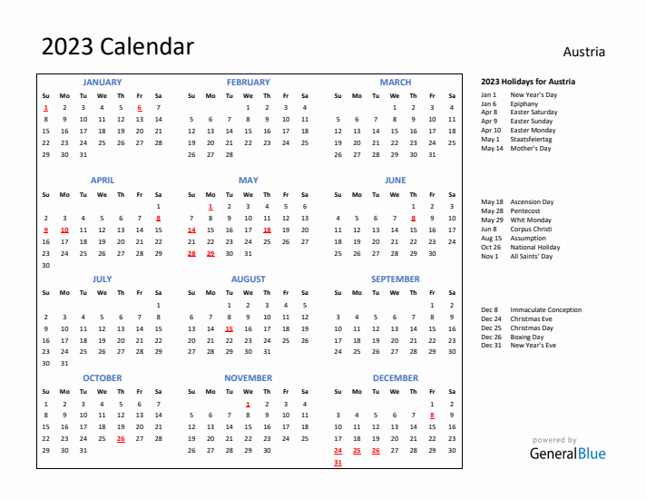 2023 Calendar with Holidays for Austria