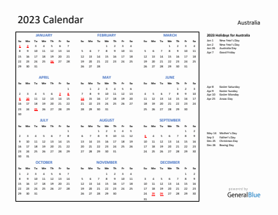 Australia current year calendar 2023 with holidays