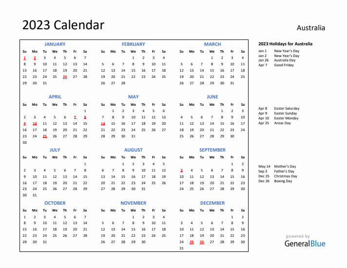 2023 Calendar with Holidays for Australia