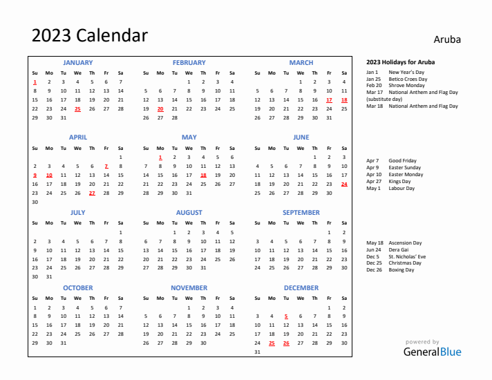 2023 Calendar with Holidays for Aruba