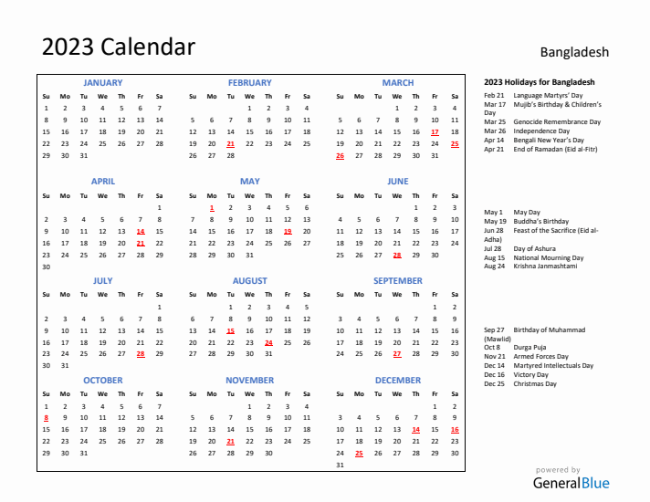 2023 Calendar with Holidays for Bangladesh