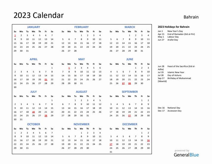 2023 Calendar with Holidays for Bahrain