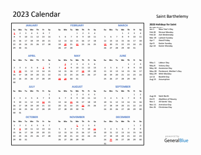 Saint Barthelemy current year calendar 2023 with holidays