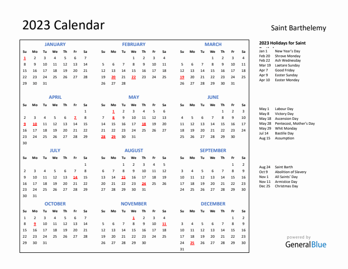 2023 Calendar with Holidays for Saint Barthelemy