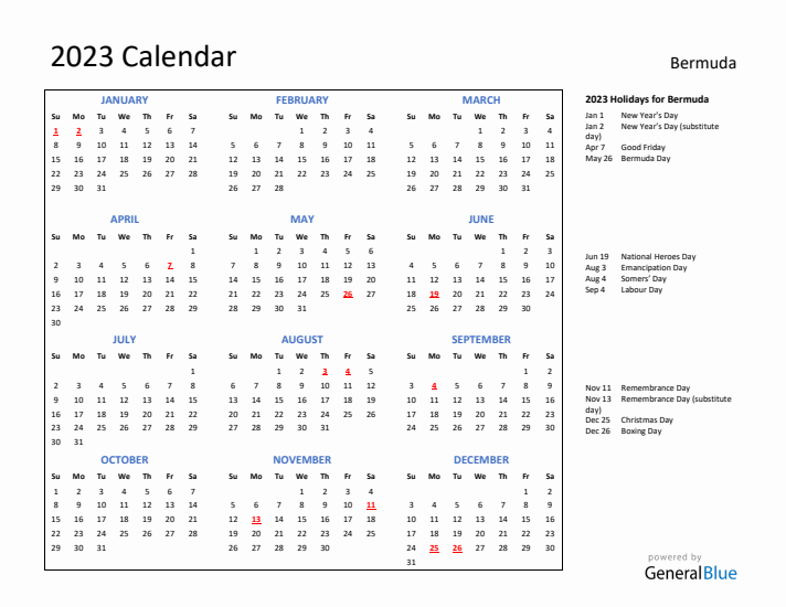 2023 Calendar with Holidays for Bermuda