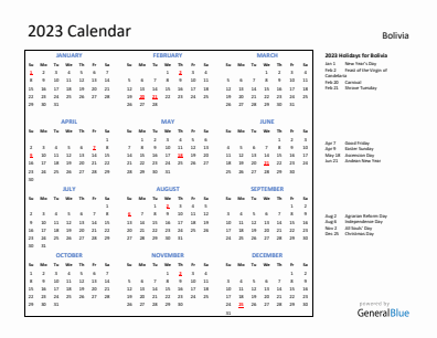 Bolivia current year calendar 2023 with holidays