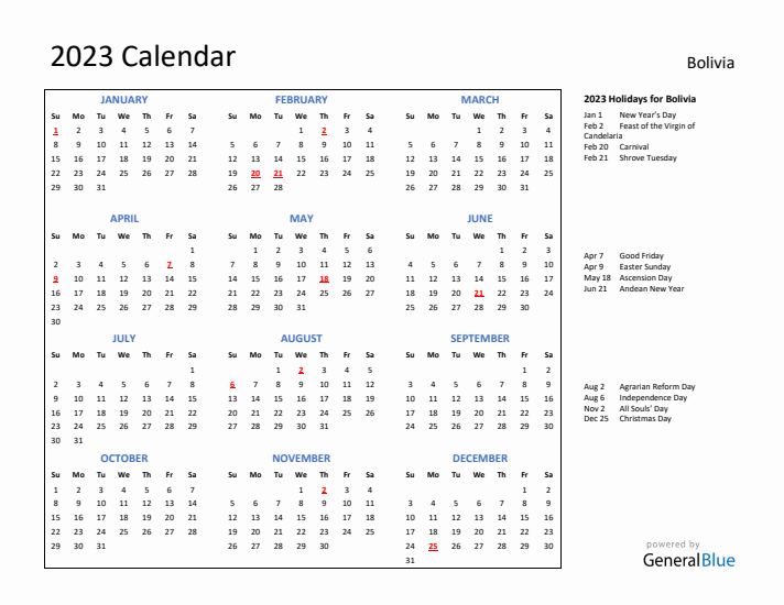2023 Calendar with Holidays for Bolivia